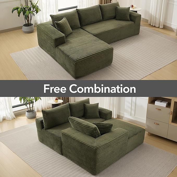 108 Cloud Sectional Couch with L-Shape Chaise Modern Modular Sofa with Deep Seat Boneless Cloud Couches for Living Room Bedroom No Assembly Required Plush Corduroy (Green Left Facing Chaise)