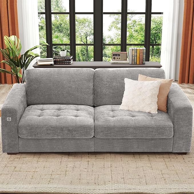 Ihanherry Modern Sofa Living Room Couch with USB/Type-C Charging Port Comfy 3-Seats Chenille Recliner Sofa for Small Space Removable Medium Firm Cushion (89inch Grey)