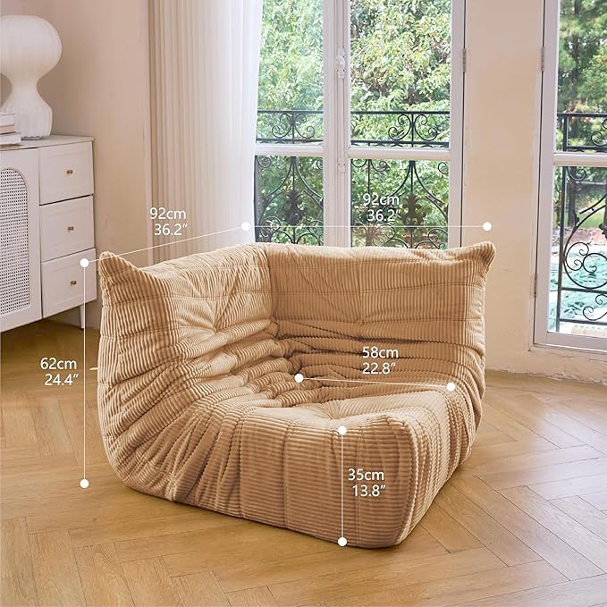 N&ampV Fireside Corner Chair Mid Century Armless Floor Sofa Soft Premium Corduroy Floor Lounge Chair Foam Sofa Accent Chair for Living Room Bedroom and Office (Beige)