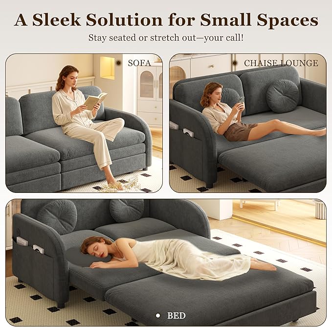 52.4'' Pull Out Couch Full-Size Futon Sofa Bed Convertible Sleeper Sofa Bed with USB Port Storage Pockets 2 Pillows Modern Chenille Loveseat Couches for Small Space Living Room Grey