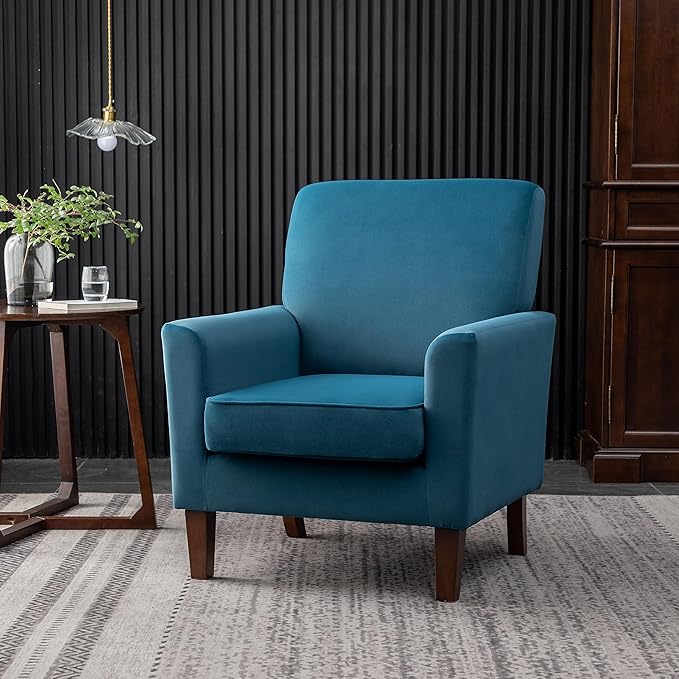Contemporary Accent Arm Chair with Birch Wood Frame and Velvet Upholstery Armchair for Office and Living Room Decor Removable Cushions Greenish Blue