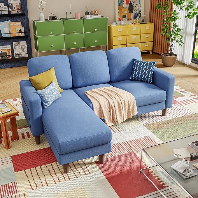 YESHOMY Couches for Living Room Sofa with Movable Ottoman Small Couch with Reversible Chaise and Side Pockets L Shaped Couch for Small Space Apartment (Linen Fabric Blue)