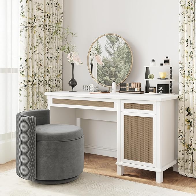 360° Swivel Accent Chair with Storage Vanity Stool with Back Velvet Storage Ottoman Upholstered Round Barrel Vanity Chair for Living Room Makeup Room Bedroom (Gray)