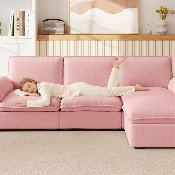 KEIKI 102 3Seat Modular Sectional Velvet Sofa Couch with Chaise Memory Foam for Feminine Retreat Bedroom Studio Style Conscious Glam Seekers Luxurious Elegant Sophisticated Quality Design Pink