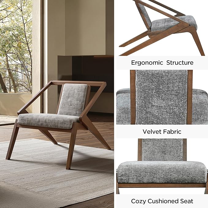 Acanva Mid-Century Modern Lounge Chair Upholstered Velvet Living Room Reading Armchair with Solid Wood Frame Steel-Grey