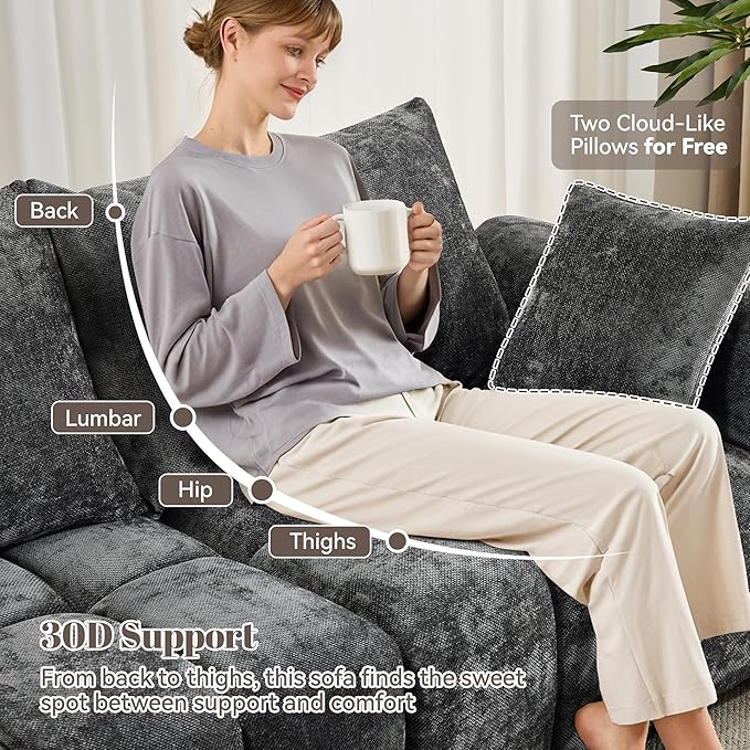 112 Mid Century Modern L Shaped Couch 3 Seater Modular Sectional Sofa with Movable Ottoman Deep Seat and Solid Wood Legs Cloud Couch for Living Room Chenille Tufted Sofa Grey