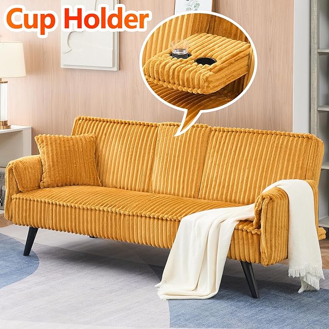 72” Corduroy Futon Sofa Bed with Pillows Modern Convertible Futon Couch with 2 Cup Holders&amp Metal Legs for Small Spaces Living Room Solid Wood Frame (Orange)