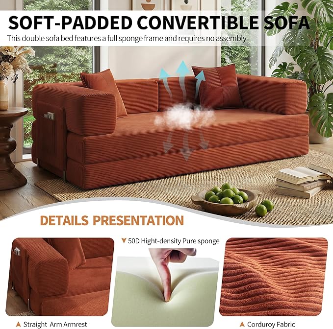 78.8 Convertible Sofa Bed with Armrest Pillow 4-in-1 Sleeper Couch Bed for Livingroom Modular Corduroy Boneless couches No Assembly (Orange)