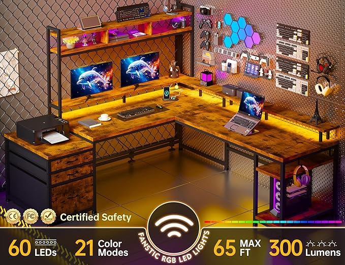 EnHomee 64 x 60 Inches L Shaped Desk with Hutch and Drawers Gaming Desk with Power Outlet &amp Monitor Stand &amp LED Lights Computer Corner Desk Two Person Office Desk for Living Bedroom Rusti