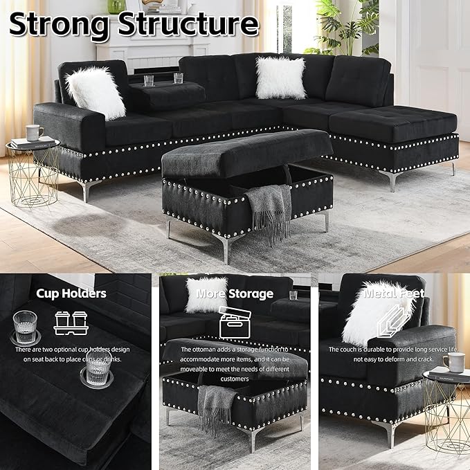 Living Room Furniture Sets L-Shape Sectional 5-Seater Sofa with Extra Wide Reversible Chaise Storage Ottoman and Cup Holders and Copper Nails 2 Pillows Black