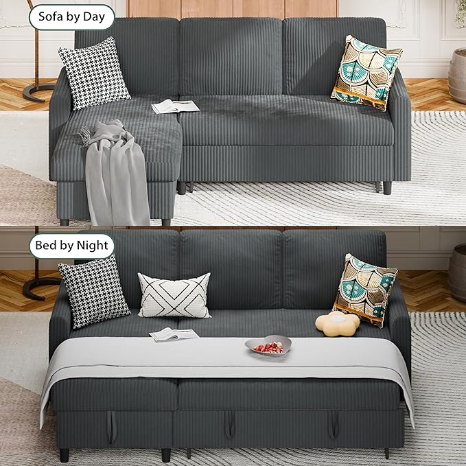 Sofa Bed Couch Sectiona Sofa 4-in-1 Multifunctional Pull-Out Couch Sleeper Sofa Couch with Storage Chaise Pullout Sectional Couches for Living Room/Office/ApartmentDark Gray