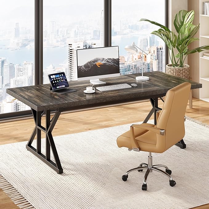 LITTLE TREE 70.8-Inch Large Executive Desk Extra Long Computer Office Desk Workstation Modern Simple Style Laptop Table Sturdy Wooden Writing Workstation for Home Black Oak