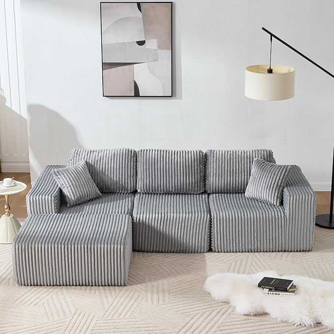 101.5'' Modular Sectional Sofa Cloud Sectional Couch with Deep Seat Comfy Fluffy L Shaped Couches Memory Foam Sofa with 1 Ottoman Corduroy Boneless Couch No Assembly Required Light Gray