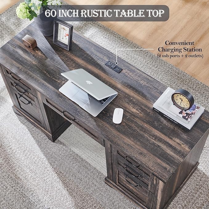 RedLemon 60 Executive Desk Farmhouse Home Office Desk with Drawers Charging Station Keyboard Tray File Drawer Storage Cabinet Wood Rustic Computer Writing Desk (Dark Rustic Oak)