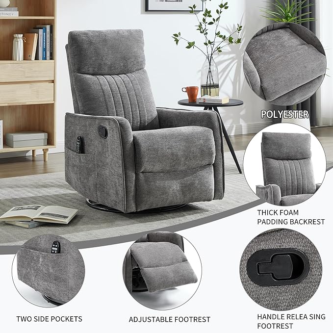 Small Swivel Rocker Recliner Chair for Nursery Heat &amp Massage Manual Upholstered 360° Fabric Glider Chair Small Recliners for Small Spaces Living Room (Dark Grey)