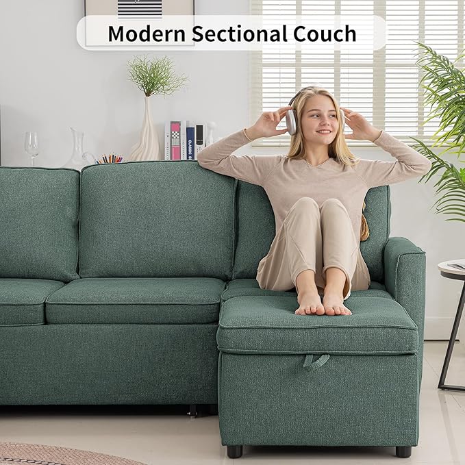 L Shaped Sectional Sofa with Pull Out Bed Premium Modern Linen Modular Sectional Sofa Large Slim Sofa Convertible Sleeper Couch Bed Certified Large 5 Seat Sectional Couch for Living Room Green
