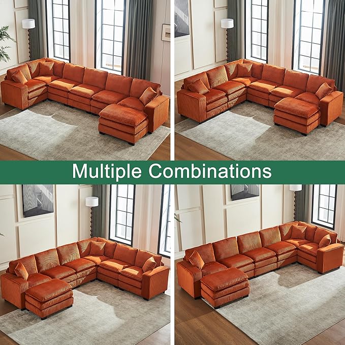 143 Large Modular Sectional Sofa Convertible U - L Shaped 6-Seat Sofa Couch with One Ottoman Chaise and Pillows Sectional Couches Comfy Corduroy Upholstered Sofa Sleeper for Living Room (Orange)