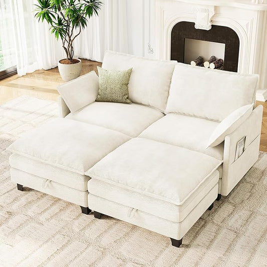 72 Loveseat Modular Sectional Sleeper Sofa Chenille Cloud Couch Bed with Storage Ottoman Modern Deep Seat Couches with Side Pocket for Living Room Bedroom and Apartment Beige