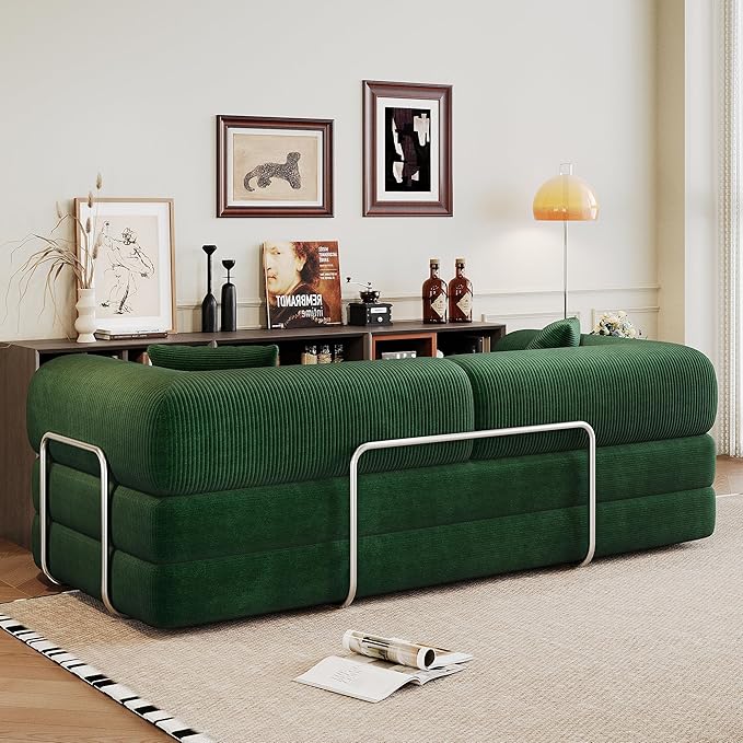 79 Convertible Floor Sofa Bed Modern King Sleeper Folding Mattress Couch with Pillows Corduroy Boneless Sectional Sofa Couch for Living Room Game Room Green