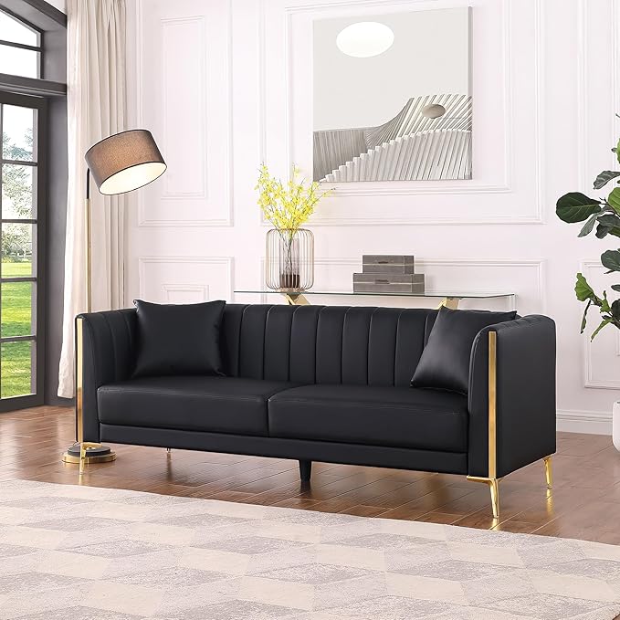 FOTOSOK Black Leather Couch Sofa Office Couches for Living Room 78'' Apartment Faux Leather Sofa with 2 Throw Pillows and Gold Metal Legs Waterproof 3 Seater Couches for Small Living Room