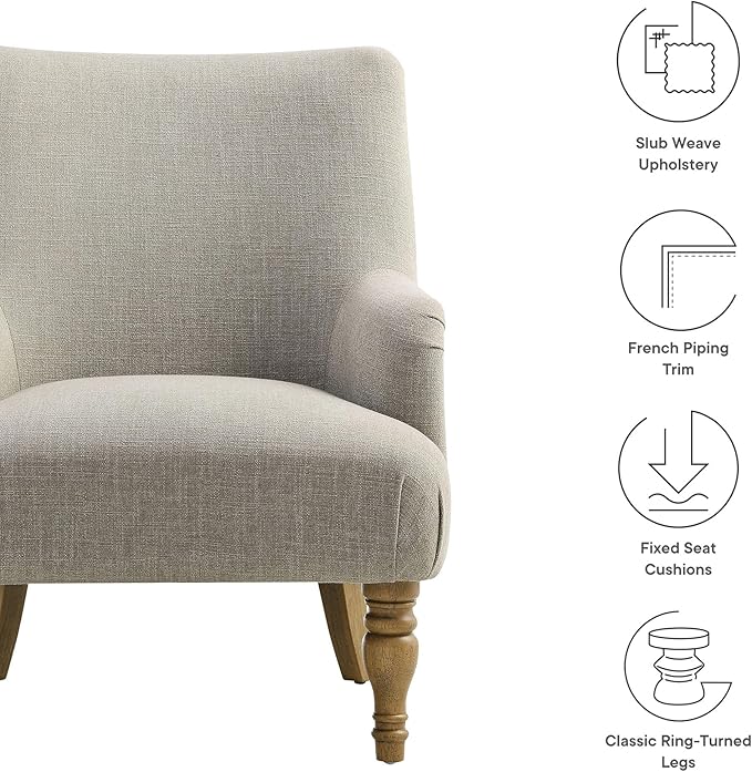 Modway Ellington Living Room Accent Armchair in Linen – Fabric Upholstered Reading Arm Chair with Wooden Legs – Modern Lounge Chair with French Piping Trim