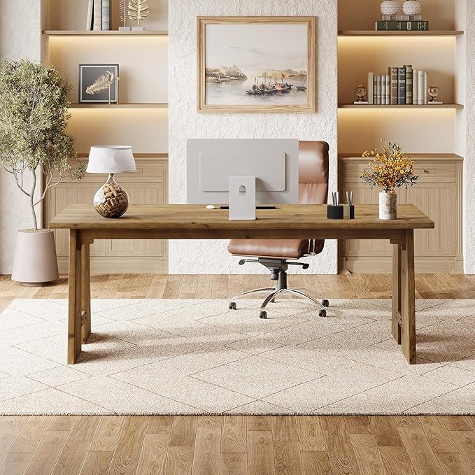 Solid Wood Executive Desk 70.9-Inch Long Office Computer Desk with Sturdy Wooden Legs Farmhouse Workstation for Home Office Rectangular Conference Table for Meeting Room (Brown)