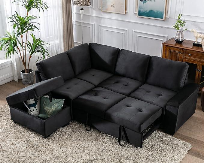 Flieks L-Shape Sleeper Sectional Sofa Bed with Storage Ottoman &amp Hidden Arm Storage 85Inch Sectional Corner Couch Sofa-Bed for Living Room Apartment