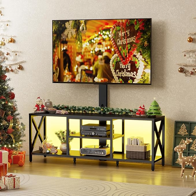 Flycity TV Stand with Mount and LED Lights Universal TV Stand Mount for 32-75 inch TV Entertainment Center with Storage Metal TV Console Table Height Adjustable TV Stands for Living Room Black