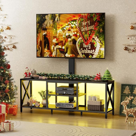 Flycity TV Stand with Mount and LED Lights Universal TV Stand Mount for 32-75 inch TV Entertainment Center with Storage Metal TV Console Table Height Adjustable TV Stands for Living Room Black