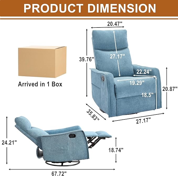 Manual 360° Swivel Rocker Recliner Chair for Adults Overstuffed Glider Chair for Nursery with Vibration Massage and Heat Comfy Soft Fabric Glider with Side Pockets for Living Room Blue