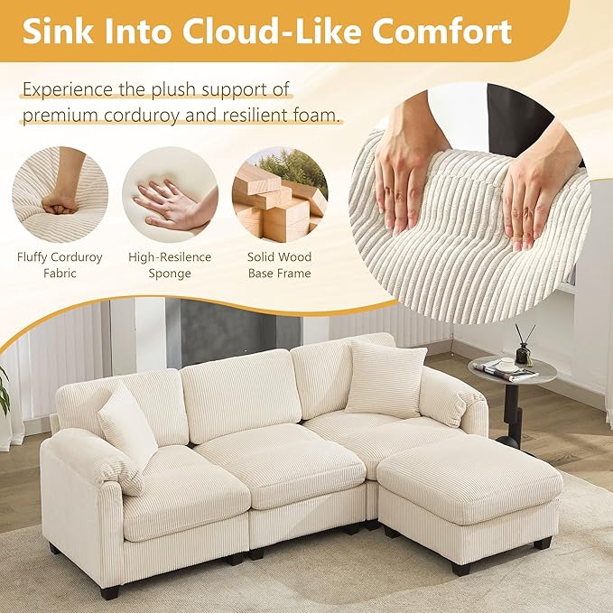 Modular Sectional Sofa with Ottoman3-Seater Corduroy Cloud Sofa Couch with 2 Pillows88.2'' L-Shaped Deep Seat Sofa with Thick CushionModular Couches for Living RoomBeige3 Seater &amp Ottoman