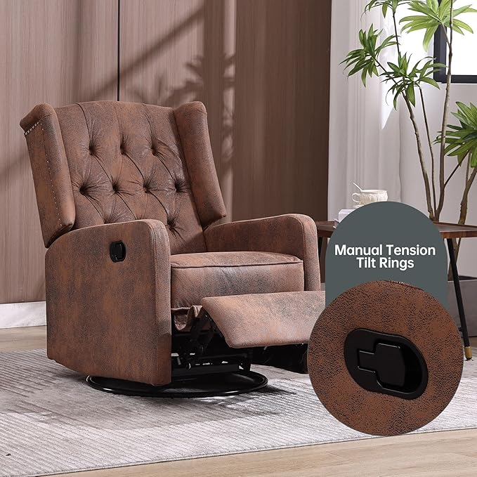 Glider Recliner Nursery Chair Cozy Microsuede Rocking Chair Nursery Recliner with Adjustable Button Backrest and Footrest Swivel Recliner Chair for Living Room Bedroom Office (Coffee)