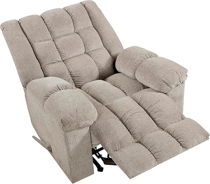 Lexicon Chenille Rocker Reclining Chair for Adults Rocker Pull Handle Recliner Nursery Chair for Living Room/Bedroom High Back Pillow Top Arms High Density Foam Cushions Light Brown