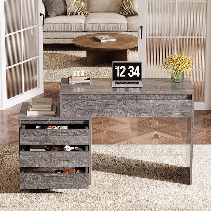 Tribesigns Computer Desk with 5 Drawers Executive Home Office Desk with File Cabinet and Printer Stand Industrial Rustic Wood Desk for Small Spaces Study Writing Workstation (Gray)