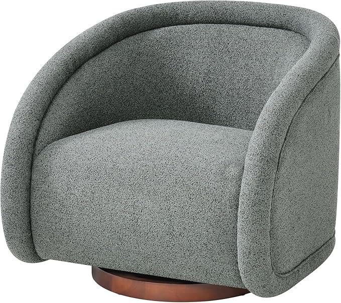 Scott Living Sabbo Green Bouclé Swivel Chair with Walnut-Finished Solid Wood Base Comfy Swivel Accent Chair Upholstered Lounge Sofa Chair for Living Room/Bedroom Gray Green + Walnut