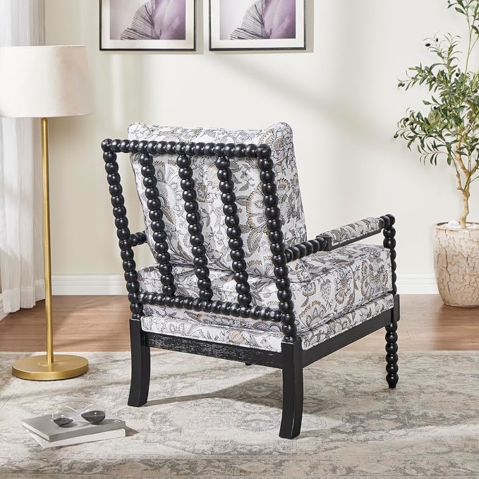 Roundhill Furniture Belvoir Upholstered Spool Accent Chair with Turned Wood Frame Floral with Black Finish