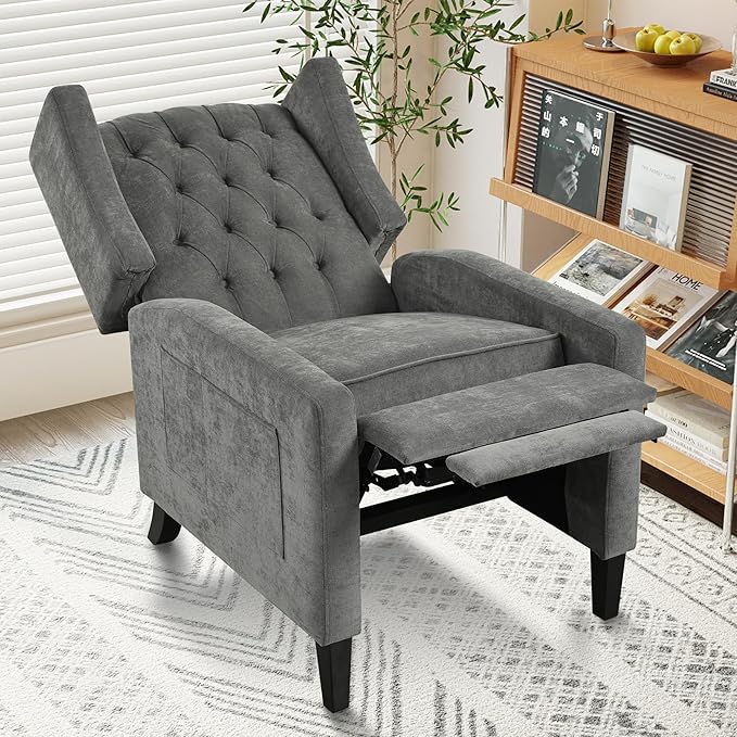 Pushback ReclinerComfortable Wingback Sofa Chair with Adjustable Backrest Tufted Fabric Upholstered ArmchairRetro Rivets Decorated Recliner for Living Room Bedroom Office Home Theater (USB Gray)