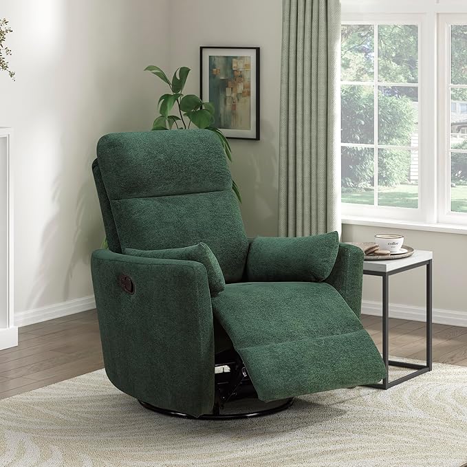 Lexicon Modern Swivel Glider Recliner Chair - Quiet 360 Swivel Chair Durable Microfiber Upholstered 2 Pillows Manual Reclining for Living Room Small Spaces Nursery Apartment Bedroom Green