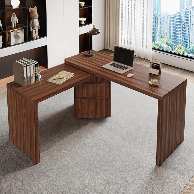 Merax Home Office Desk L Shaped with 3 DrawersWooden Rotating 90 Large DeskExecutive Office WorkstationCorner Work Table for Study WritingWalnut