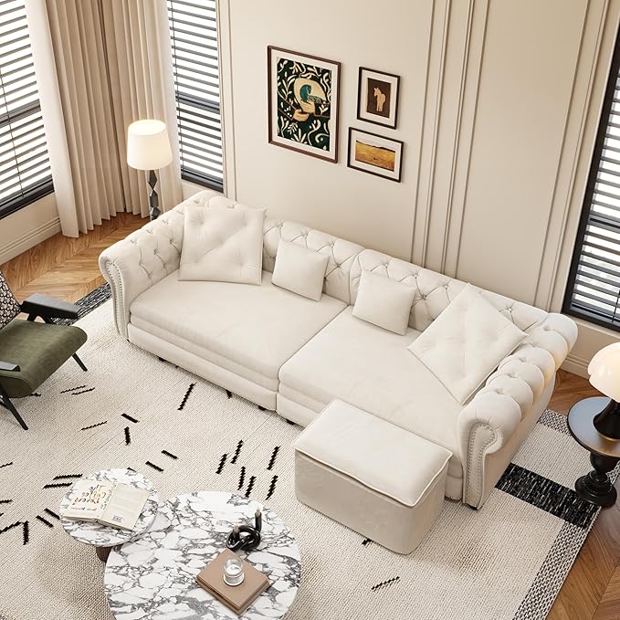 KEIKI 3-in-1 Velvet Chesterfield Sofa Bed with Ottoman Convertible King Size Sleeper Couch Rolled Arm Design Comfortable 3-Seater for Living Room or Bedroom Beige