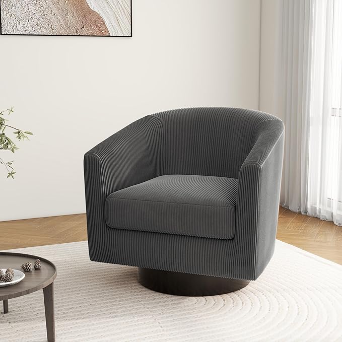 Swivel Barrel Accent Chair Modern Round Corduroy Fabric Arm Chair for Living Room Bedroom Comfy Club Reading Chairs for Adults (Corduroy Grey Set of 1)
