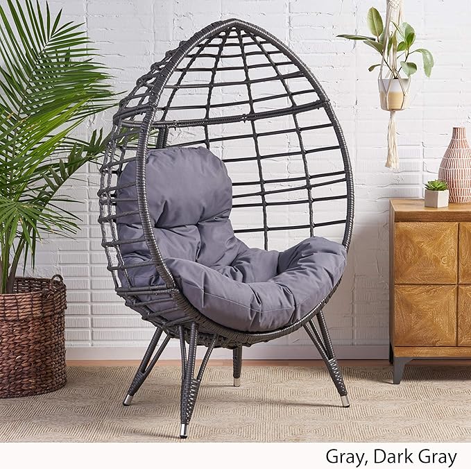 GDFStudio Noble House Savin Wicker Teardrop Chair in Gray and Dark Gray