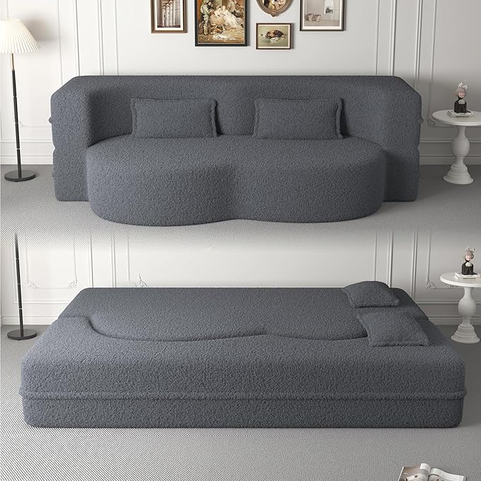 Foldable Sofa Bed2 in 1 Convertible Cloud Loveseat Sleeper Sofa BedTeddy Floor Sofa with 2 PillowsSofas &amp Couches for Living RoomGuest BedPlayroomno Assembly Required Cloud Couch (Grey)