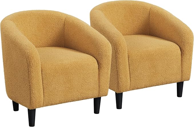 Yaheetech Accent Chairs for Living Room Furry Barrel Chairs Set of 2 Sherpa Chairs with Soft Padded Armrest Club Chairs for Bedroom Waiting Room Office Mustard Yellow