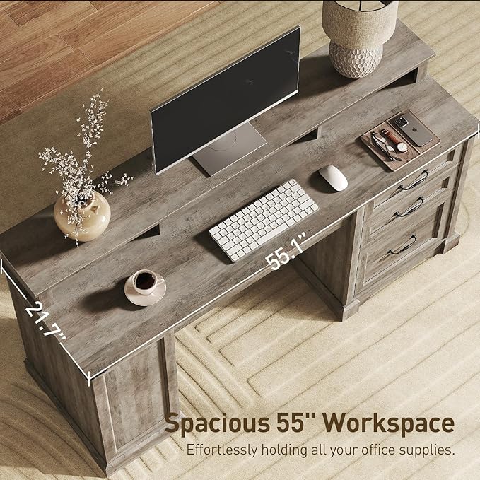 55'' Farmhouse Executive Desk with Drawers Home Office Desk with File Cabinet and Storage Shelf Charging Station Computer Desk with Monitor Stand Writing Gaming Desk Greige