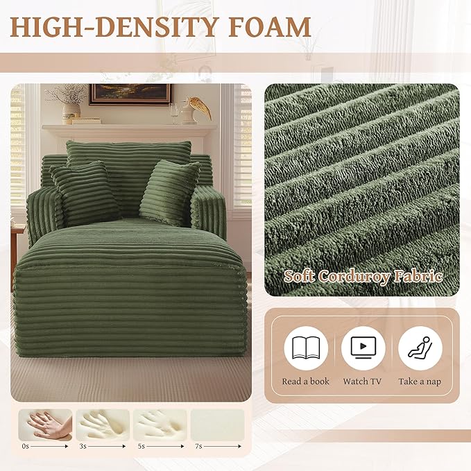 65.4 Green Oversized Chaise Lounge Chair Indoor Modern Corduroy Lounge Couch Comfy Upholstered Sleeper Sofa with Throw Pillows Fluffy Reading Chair Bed for Living Room