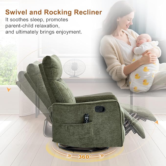 Manual Swivel Rocker Recliner Chair for Adults Overstuffed Glider Chair for Nursery with Massage and Heat Living Room Reclining Chair Fabric Green