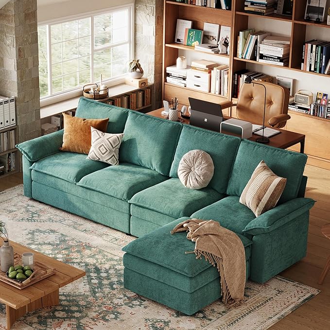 LINSY HOME 115 L Shaped Cloud Couch Modular Sectional Sofa with Double Layer Cushions and Ottoman Comfy Chenille 4 Seater Sofa Set for Living Room Apartment Office Green