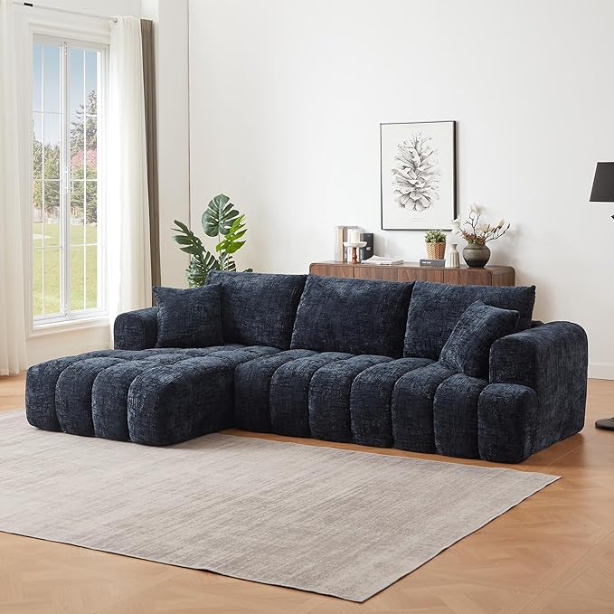 108 L-Shaped Modular Sectional Sofa Chenille Modern Boneless Compression Couch Deep Seat Sofa with Left Chaise Lounge and Pillows for Living Room Bedroom Dark Blue