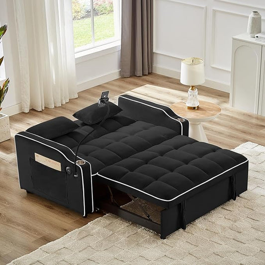 SLEERWAY 3-in-1 Convertible Futon Sofa Bed Chair Multi-Functional Sleeper Chair Bed with Pull Out Couch and Adjustable Backrest Modern Velvet Chaise Lounge Loveseat for Living Room BedroomBlack